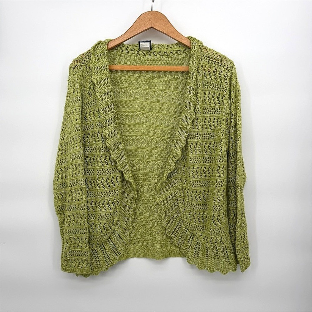 A2 Cardigan VTG Crochet Open Front Green Boho Shrug Whimsical Size Cottage 1X